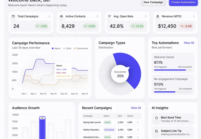 Analytics dashboard showing campaign performance, open rates, and automation insights